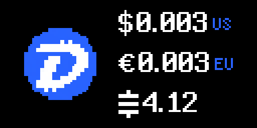 The DigiByte Price app on a 128x64 Tronbyt display, showing the price in US dollars, euros and Satoshis