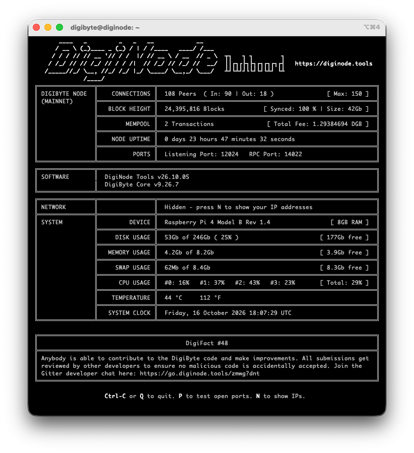 DigiNode Dashboard: DigiByte node connections, block height, mempool, uptime and ports, software versions, and system usage