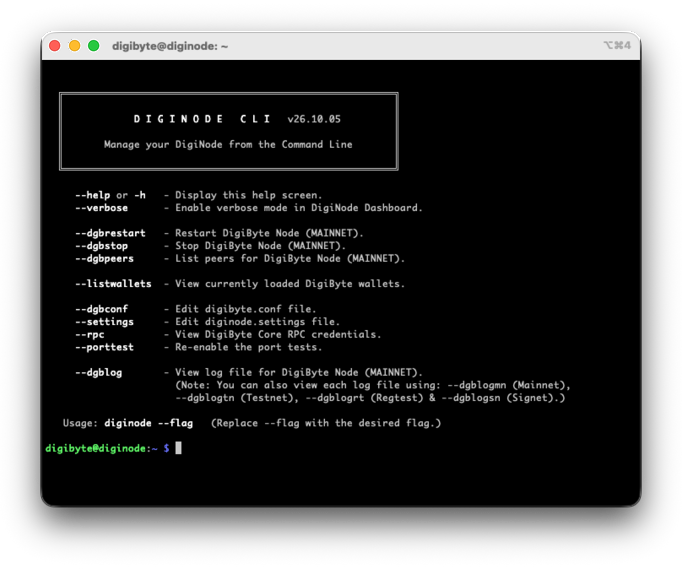 diginode --help: the DigiNode command line tools