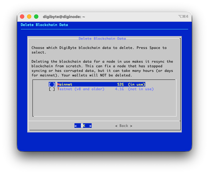 Delete blockchain data: choose which DigiByte chains to delete