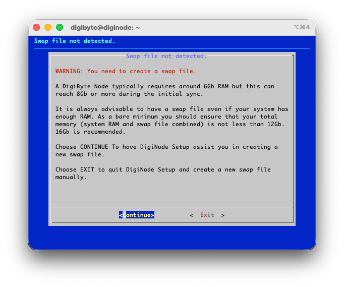 DigiNode Setup: swap file not detected - Continue to create one