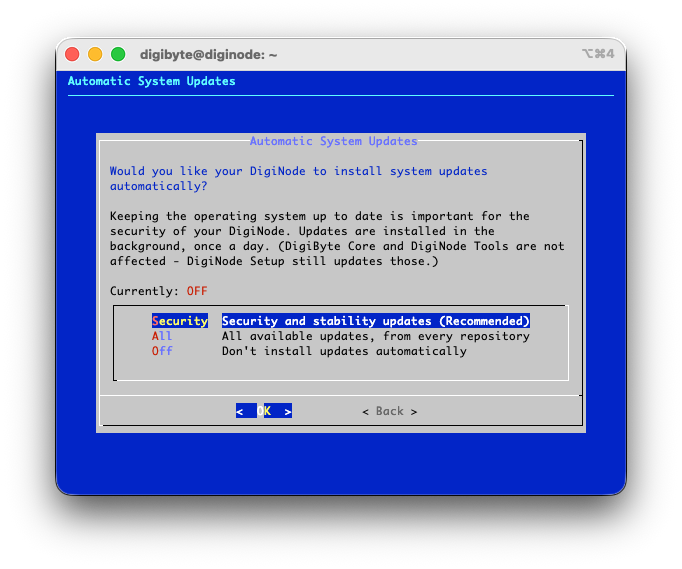 Automatic system updates: security and stability updates, all updates, or off