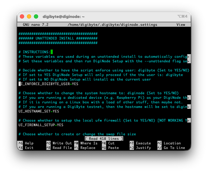 The unattended install settings in diginode.settings