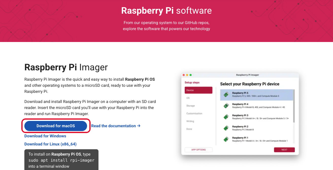 The Raspberry Pi software page, with the Download for macOS button