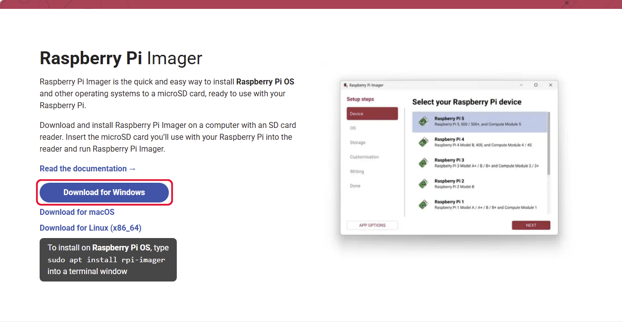 The Raspberry Pi software page in Edge, with the Download for Windows button