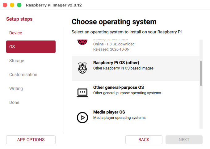 Raspberry Pi Imager: Raspberry Pi OS (other) (macOS)