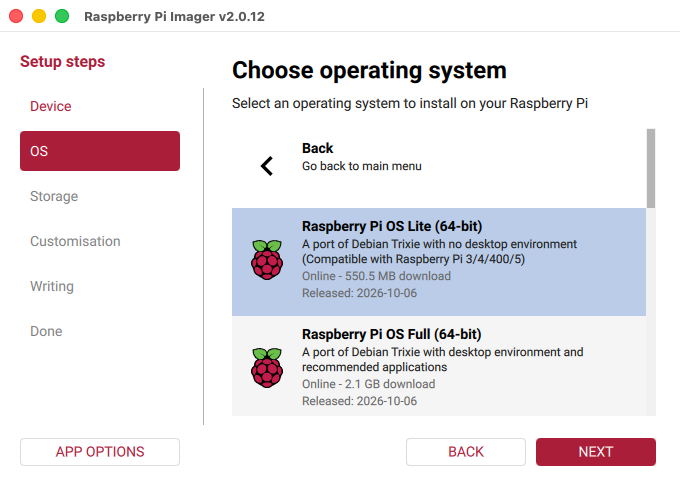 Raspberry Pi Imager: Raspberry Pi OS Lite (64-bit) chosen (macOS)