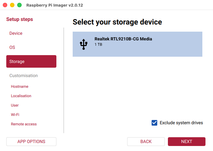 Raspberry Pi Imager: choose your storage device - an SSD in a USB NVMe dock (macOS)