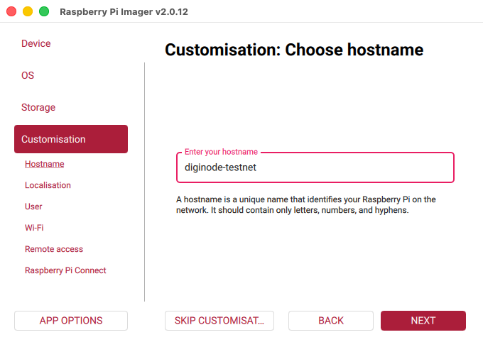 Raspberry Pi Imager: hostname diginode-testnet (macOS)