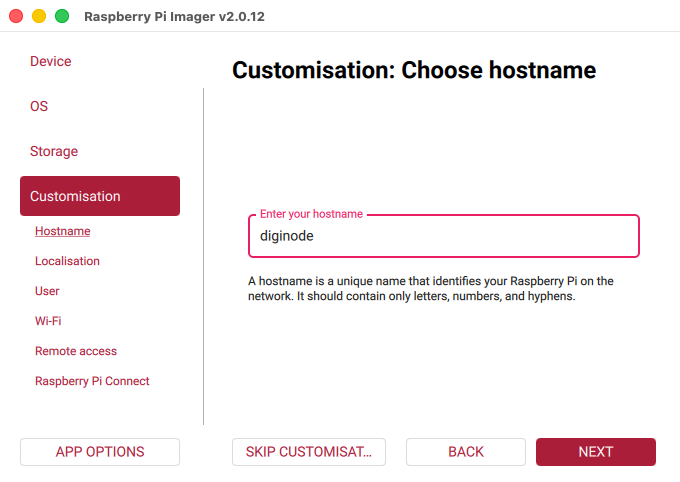 Raspberry Pi Imager: hostname diginode (macOS)