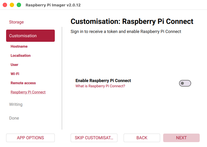 Raspberry Pi Imager: Raspberry Pi Connect, left off (macOS)