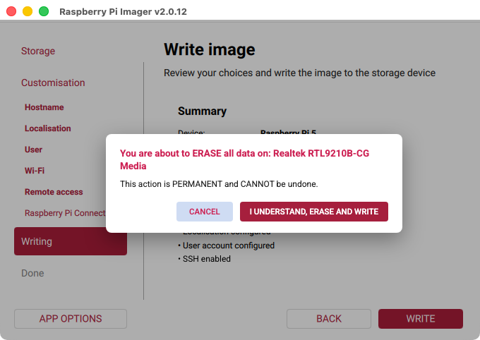 Raspberry Pi Imager: You are about to ERASE all data - I understand, erase and write (macOS)