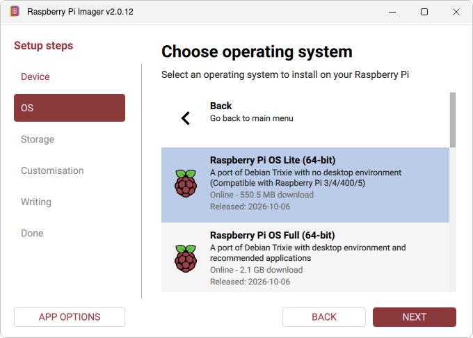Raspberry Pi Imager: Raspberry Pi OS Lite (64-bit) chosen (Windows)
