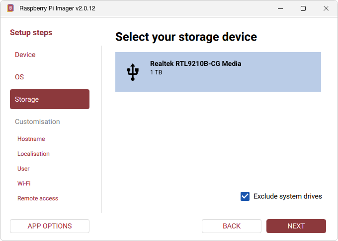 Raspberry Pi Imager: choose your storage device - an SSD in a USB NVMe dock (Windows)