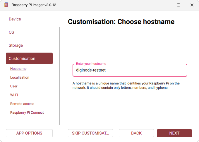 Raspberry Pi Imager: hostname diginode-testnet (Windows)