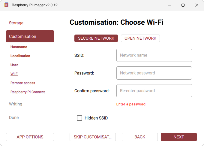 Raspberry Pi Imager: Wi-Fi (optional) (Windows)