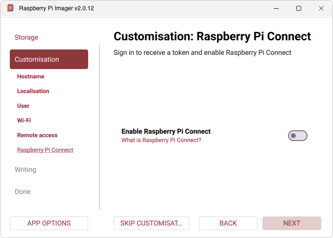 Raspberry Pi Imager: Raspberry Pi Connect, left off (Windows)