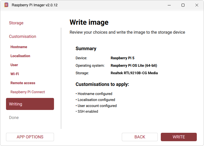 Raspberry Pi Imager: Write image summary (Windows)