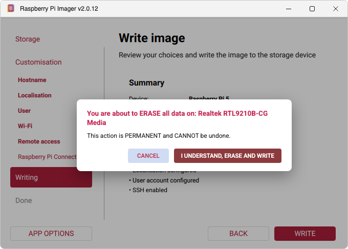 Raspberry Pi Imager: You are about to ERASE all data - I understand, erase and write (Windows)