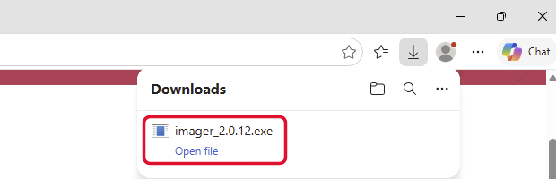 Edge's downloads, with imager_2.0.12.exe and Open file
