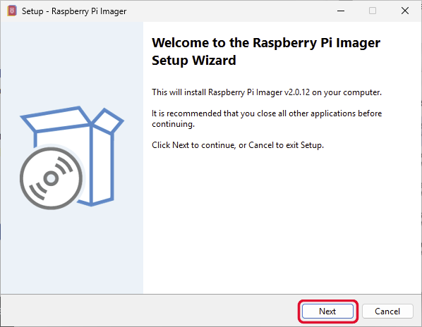 Welcome to the Raspberry Pi Imager Setup Wizard - Next