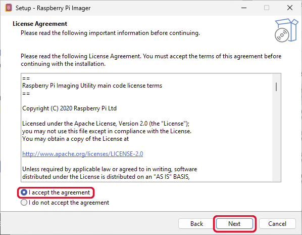 Raspberry Pi Imager licence agreement: I accept the agreement - Next