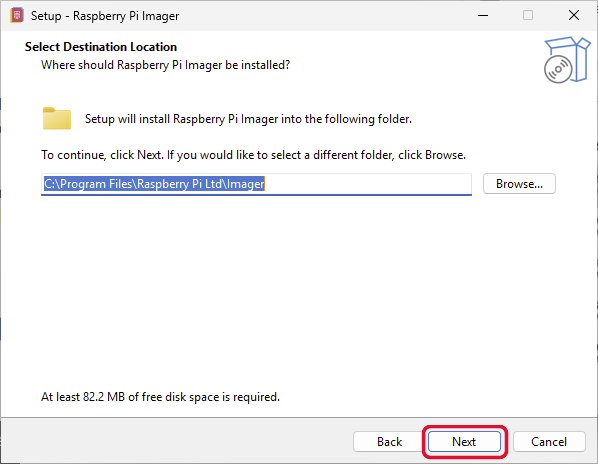 Raspberry Pi Imager install folder - Next