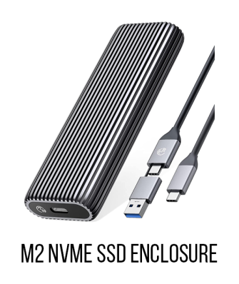 A USB enclosure for an M.2 NVMe SSD, with USB-C and USB-A cables