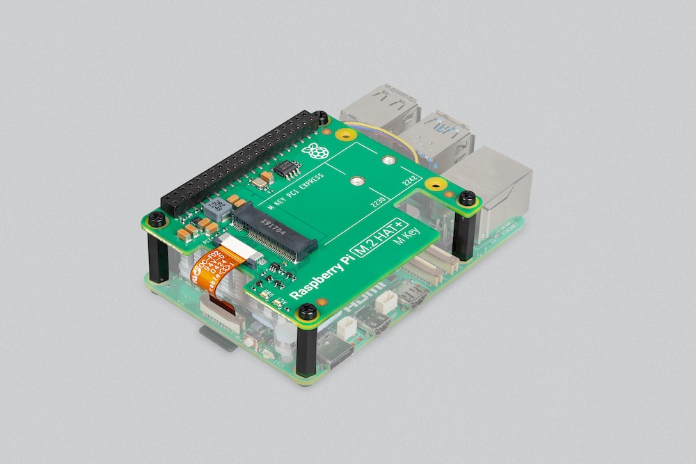 The Raspberry Pi M.2 HAT+ fitted on a Raspberry Pi 5