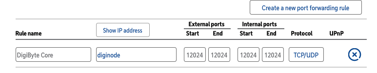 A port forwarding rule on a router: DigiByte Core, device diginode, port 12024 to 12024