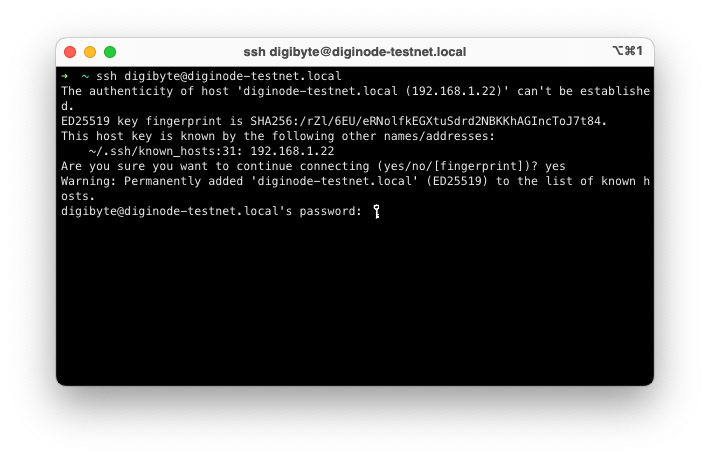 The password prompt for diginode-testnet.local