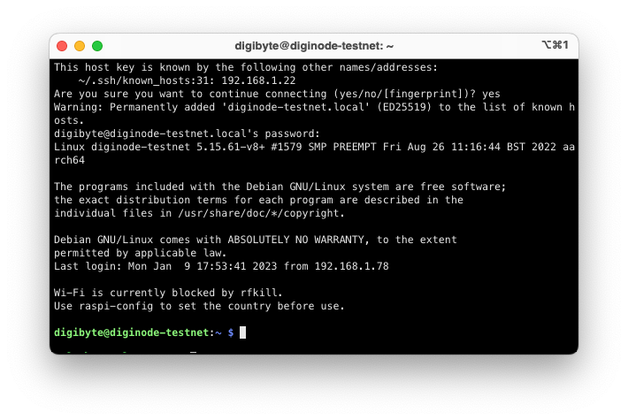 Connected: the digibyte@diginode-testnet prompt