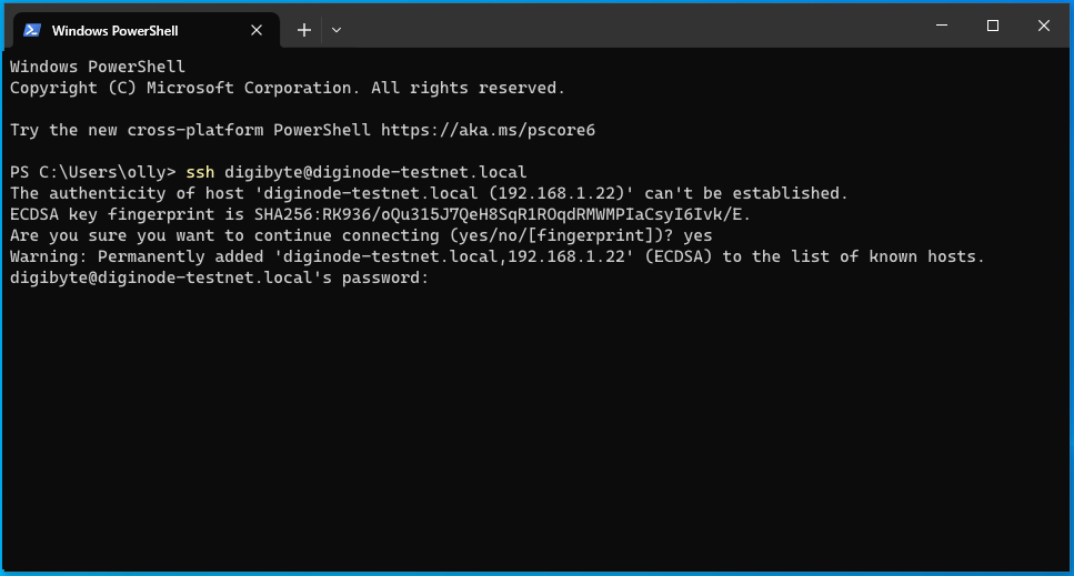 The password prompt for diginode-testnet.local