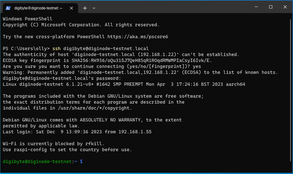 Connected: the digibyte@diginode-testnet prompt